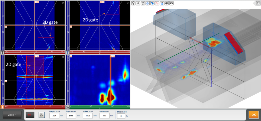 Multigroup configuration with three TFM exported into the 3D view with 2D gates in the TFM images shown in red.png Multigroup configuration with three TFM exported into the 3D view with 2D gates in the TFM images shown in red.png