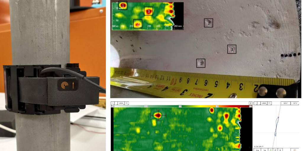 I-flex with manual pipe scanner, scanning the pipe from the outside. Notice the C-scan is a mirror image of the inside wall since we are seeing through it.-1.png