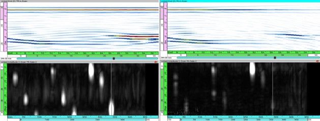 Amplitude C-Scan and End View for misaligned arc-shaped 1D probe Time Reversal data.jpeg