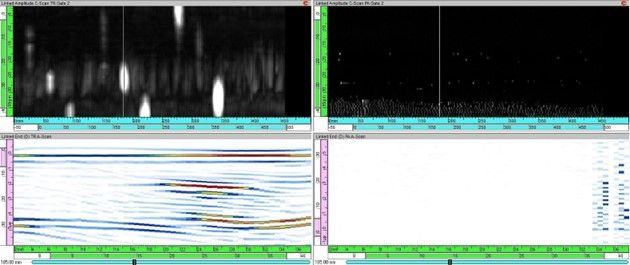 Amplitude C-Scan and End View for misoriented arc-shaped 1D probe Time Reversal data.jpeg
